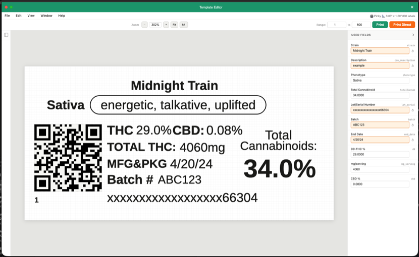Screenshot of the Bacumatica template editor running inside a Chrome extension. A label preview shows a rendered cannabis product label with strain name, phenotype, effects callout, QR code, THC/CBD/Total Cannabinoids percentages, manufacturing date, batch number, and Metrc retail ID. The right-hand Used Fields panel lists each data field bound into the template — strain, description, phenotype, total cannabinoid, lot/serial, batch, end date, D9-THC %, mg/serving, CBD % — with the value Acumatica supplies for that field. Toolbar at the top shows zoom controls, range selector, Print, and Print Direct buttons. All values shown are placeholder data.